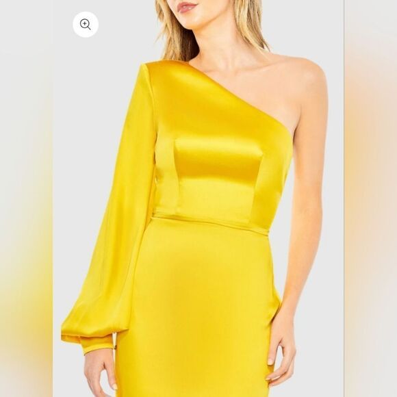 Mac Duggal 26712 One Shoulder Bishop Sleeve Trumpet Gown NWOT size 14 Yellow - Picture 3 of 7